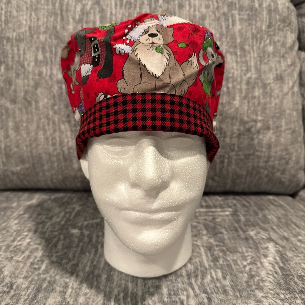 Festive Red Christmas Dogs Print Women's Scrub Cap Medical